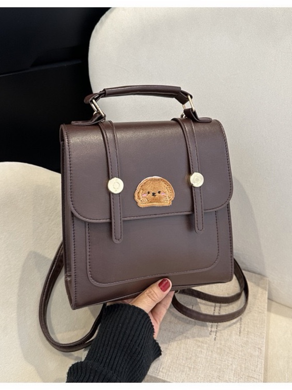 Classic Brown Top-Handle Women’s Bag with Puppy Patch